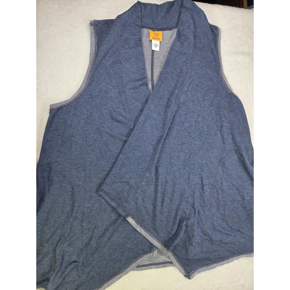 NWT Ruby Rd Womens L Open Front Vest Blue Knit Drape Cardigan Pockets Casual